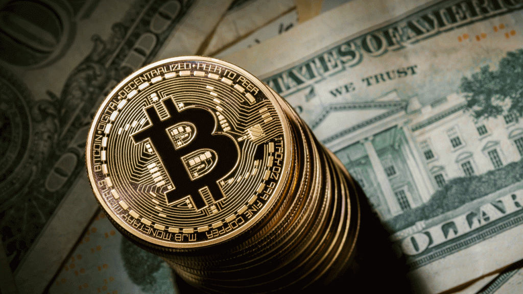 Imagem do Bitcoin sobre notas de Dólares.