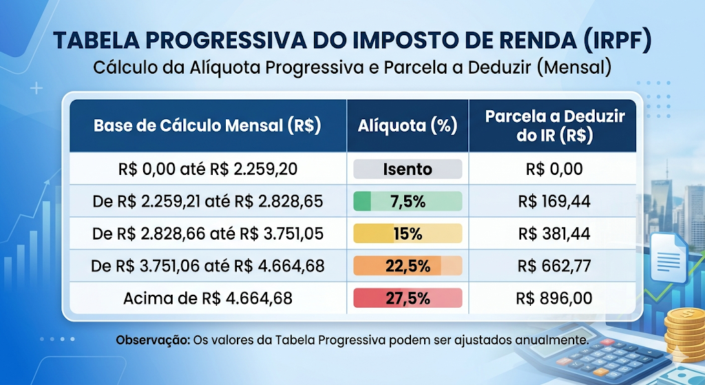 Tabela progressiva do imposto de renda com base de cálculo, alíquota e parcela a deduzir.