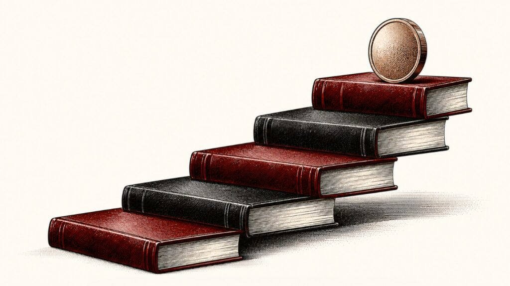 Ilustração de uma escada feita de livros empilhados com uma moeda no degrau mais alto