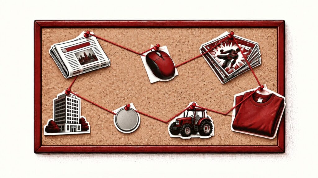 Ilustração de um quadro de cortiça com um jornal, um mouse, quadrinhos, uma camiseta, uma moeda, um trator e um prédio ligados por um fio vermelho