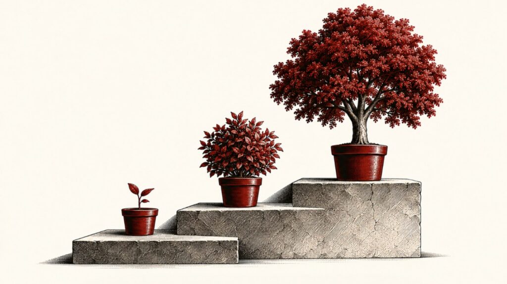 Ilustração de três degraus de pedra com um broto, um arbusto e uma árvore em vasos