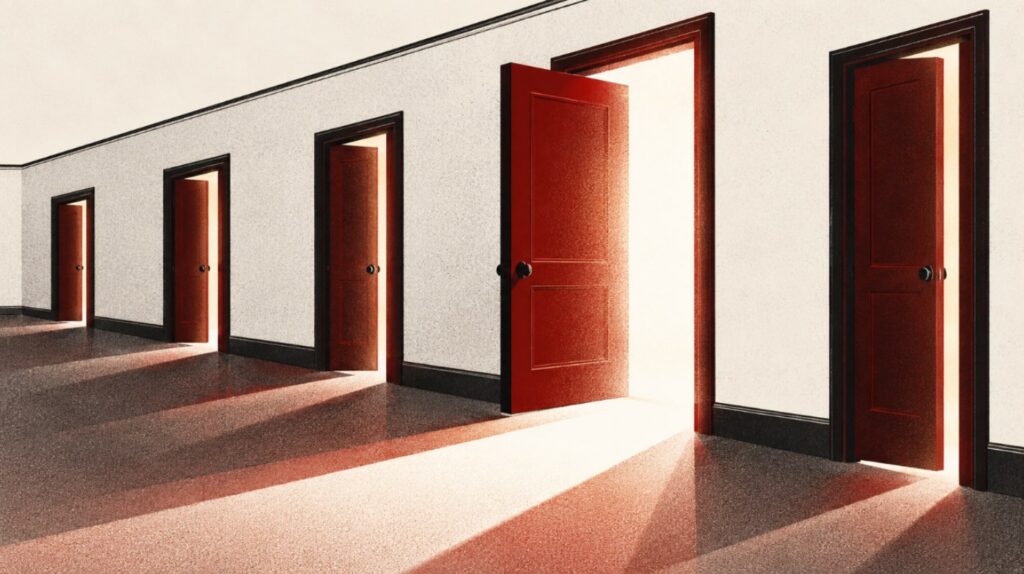 Ilustração de um corredor com várias portas entreabertas deixando sair luz, uma delas mais aberta