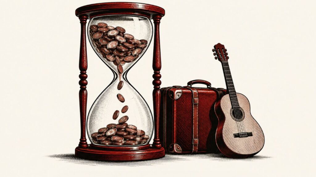 Ilustração de uma ampulheta em que caem moedas, ao lado de uma mala de viagem e um violão