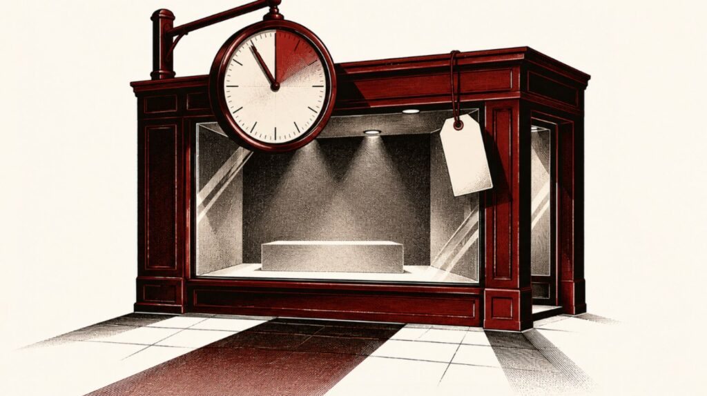 Ilustração de uma vitrine de loja vazia com um relógio de contagem regressiva e uma etiqueta de preço em branco
