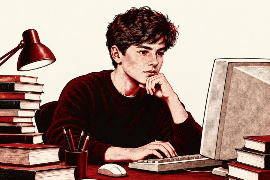 Ilustração de um jovem de 15 anos diante de um computador antigo, cercado de livros