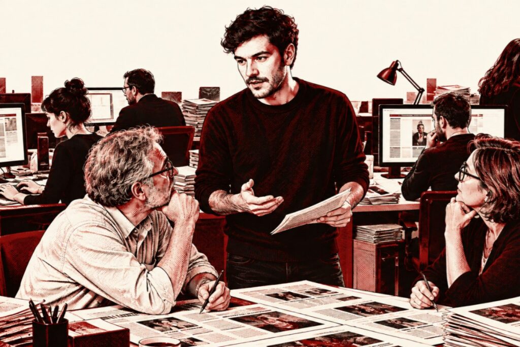 Ilustração de uma redação de jornal impresso com jornalistas ao redor de provas de página